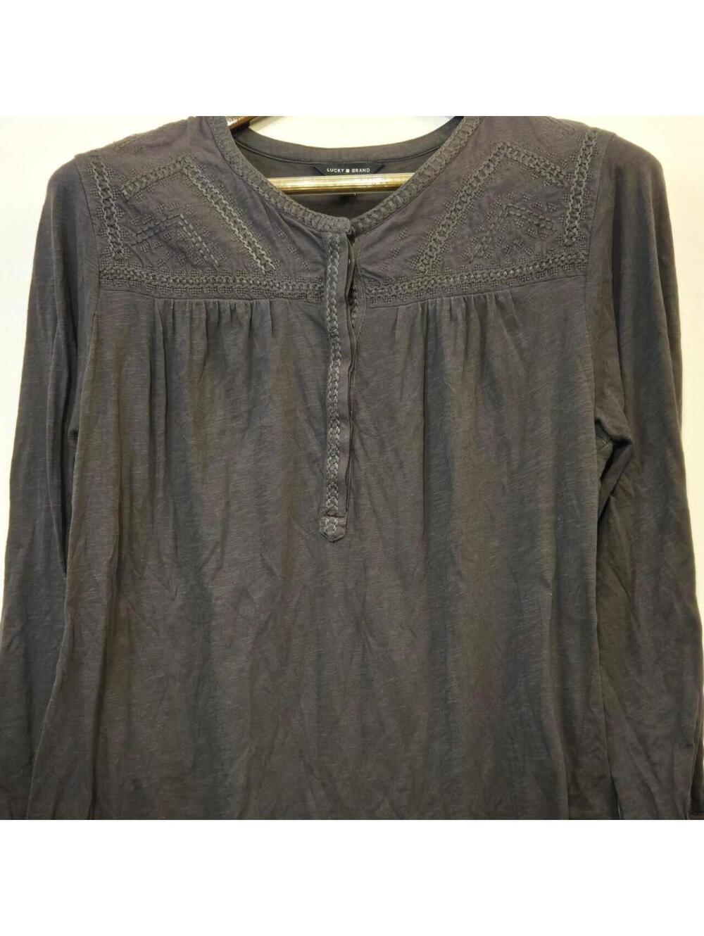 Lucky Brand Gray Embroidered Peasant Blouse Henley Top